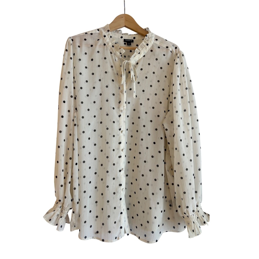 Torrid Blouse Womens 3 White Polka Dot Gold Lurex Stripe Ruffle Tie Neck Top